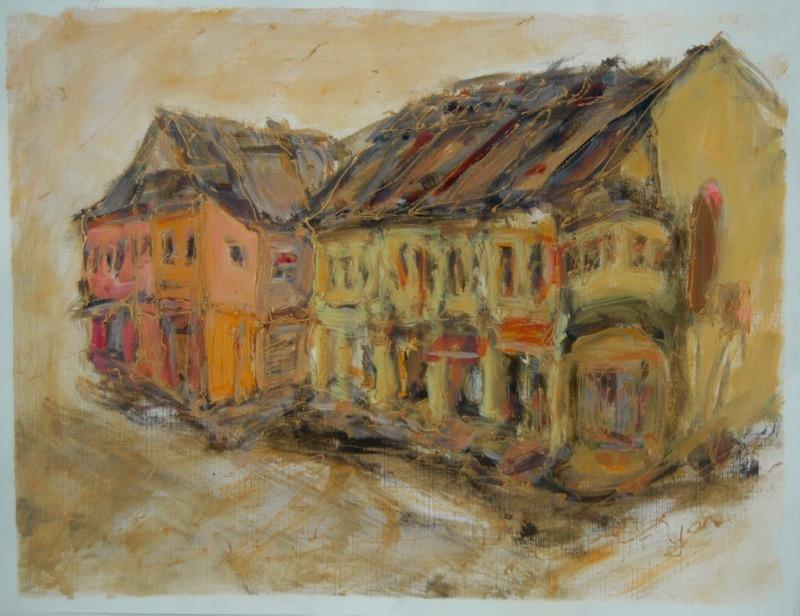 Chinese Shophouses impressionist landscape painting, malaysia kluang town architecture plein air original acrylic artwork in bright yellow