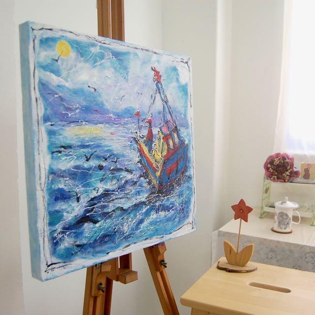 Sail to the Moon -Abstract Art, Sea Birds Boat Original Painting, Ocean Art, Blue, Seascape, Whimsical, Surreal, Bright, Night, New Zealand