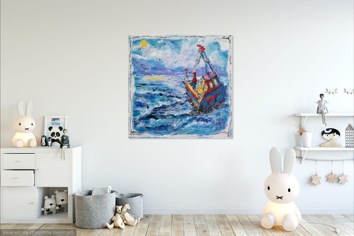 Sail to the Moon -Abstract Art, Sea Birds Boat Original Painting, Ocean Art, Blue, Seascape, Whimsical, Surreal, Bright, Night, New Zealand