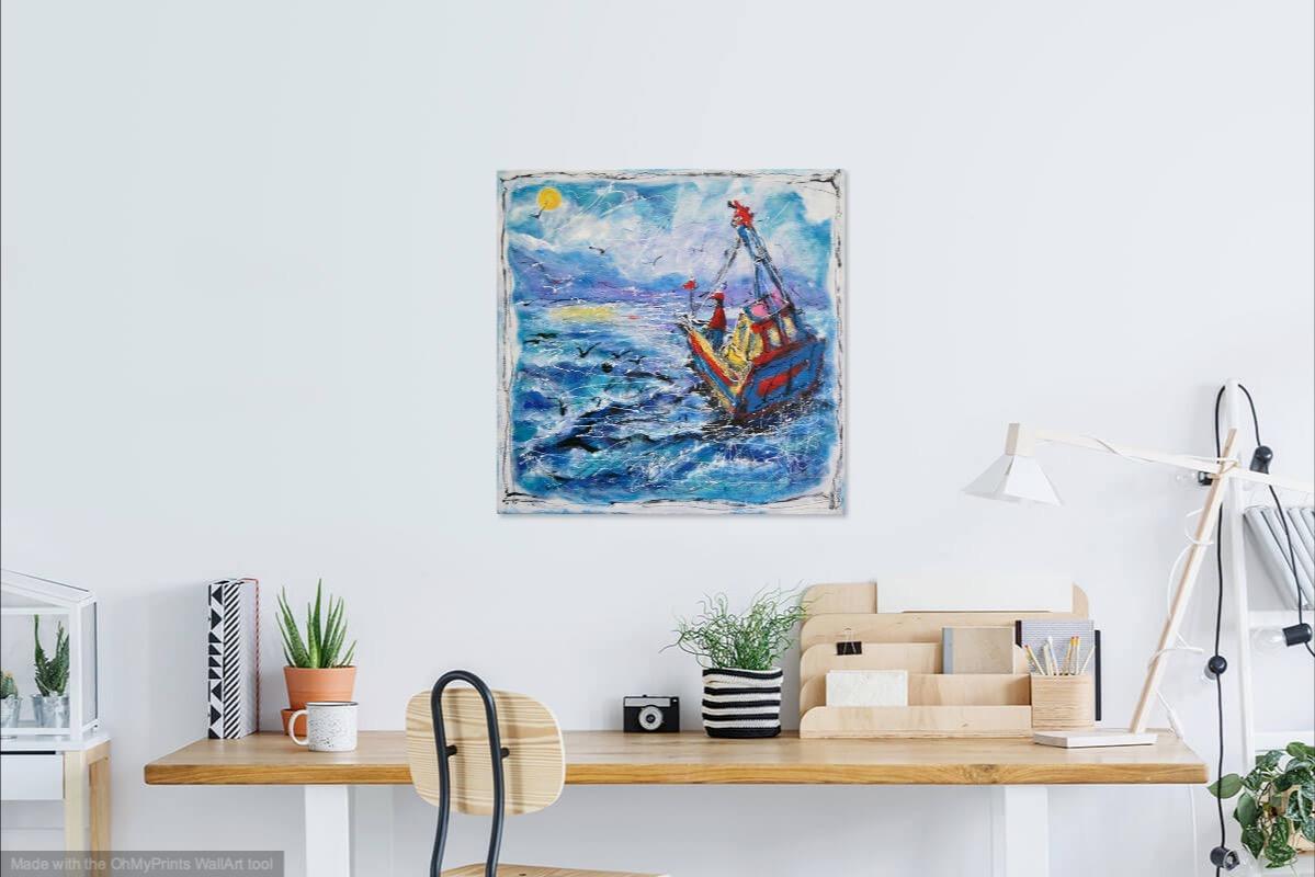 Sail to the Moon -Abstract Art, Sea Birds Boat Original Painting, Ocean Art, Blue, Seascape, Whimsical, Surreal, Bright, Night, New Zealand