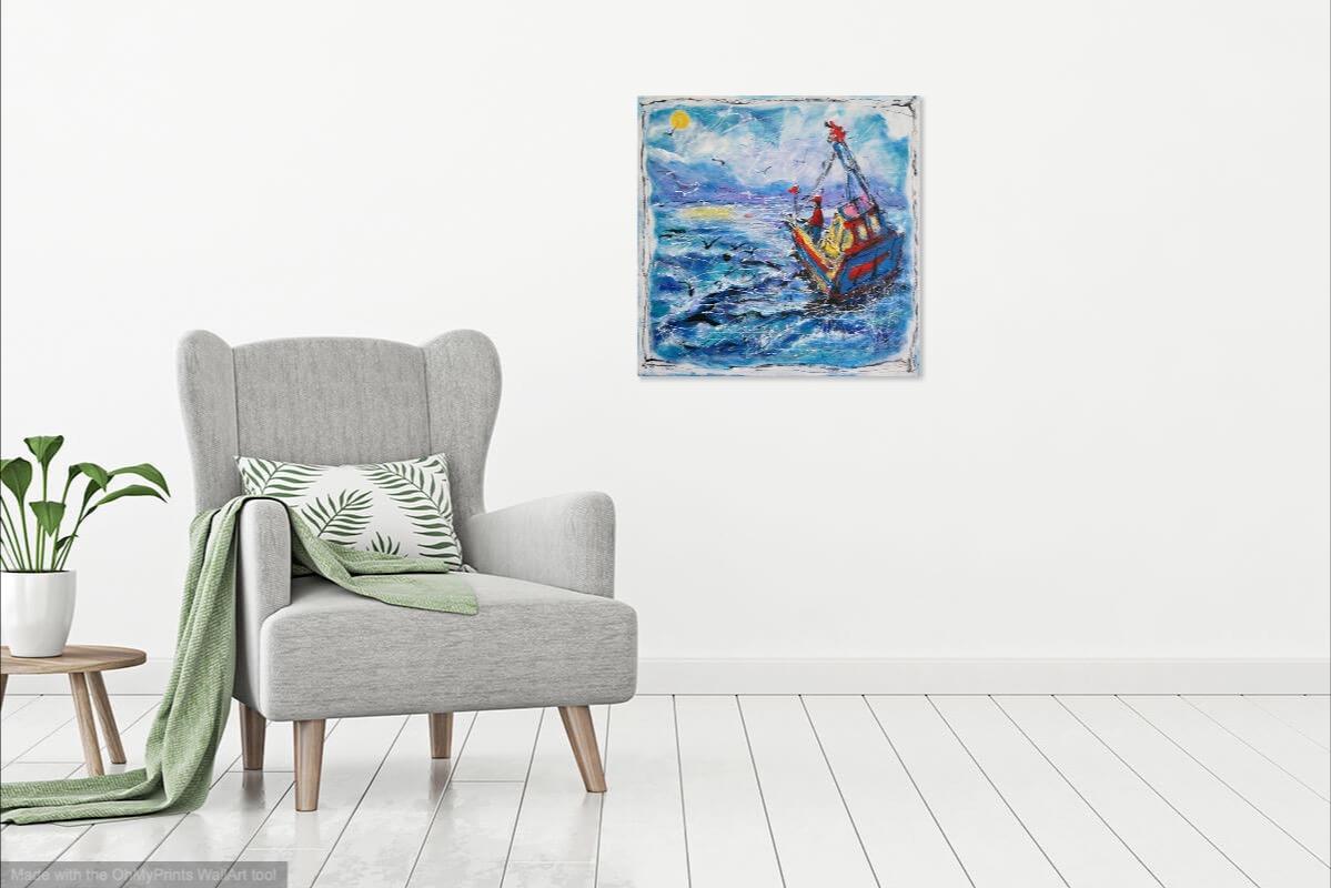 Sail to the Moon -Abstract Art, Sea Birds Boat Original Painting, Ocean Art, Blue, Seascape, Whimsical, Surreal, Bright, Night, New Zealand