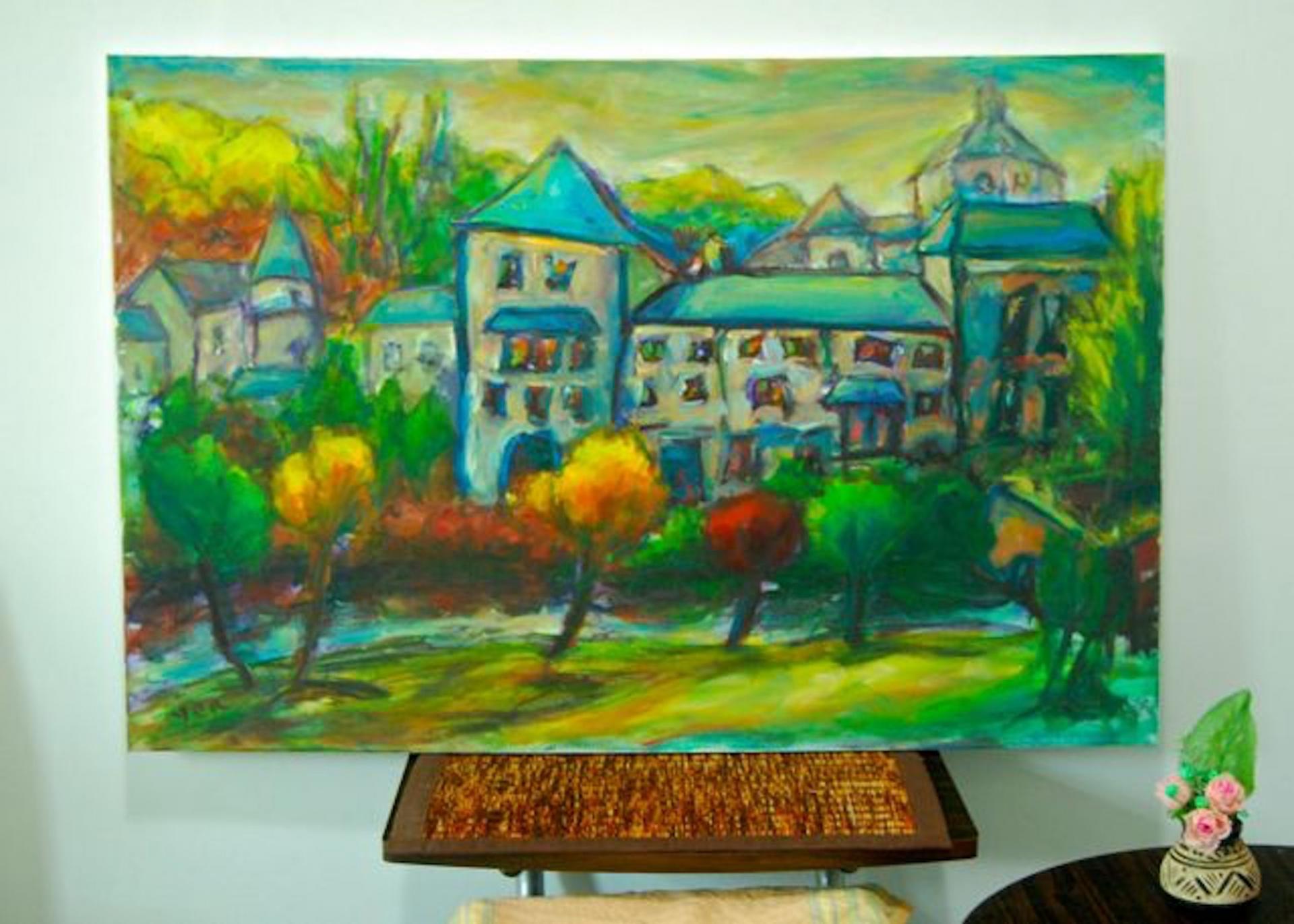 Sanctuary -Original Impressionist Green Camino de Santiago Landscape Oil Painting of spanish monastery building in whimsical chagall style