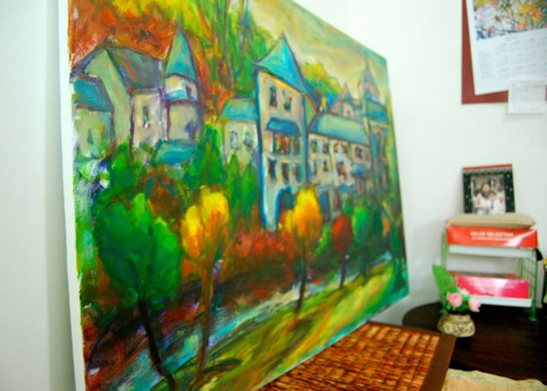 Sanctuary -Original Impressionist Green Camino de Santiago Landscape Oil Painting of spanish monastery building in whimsical chagall style