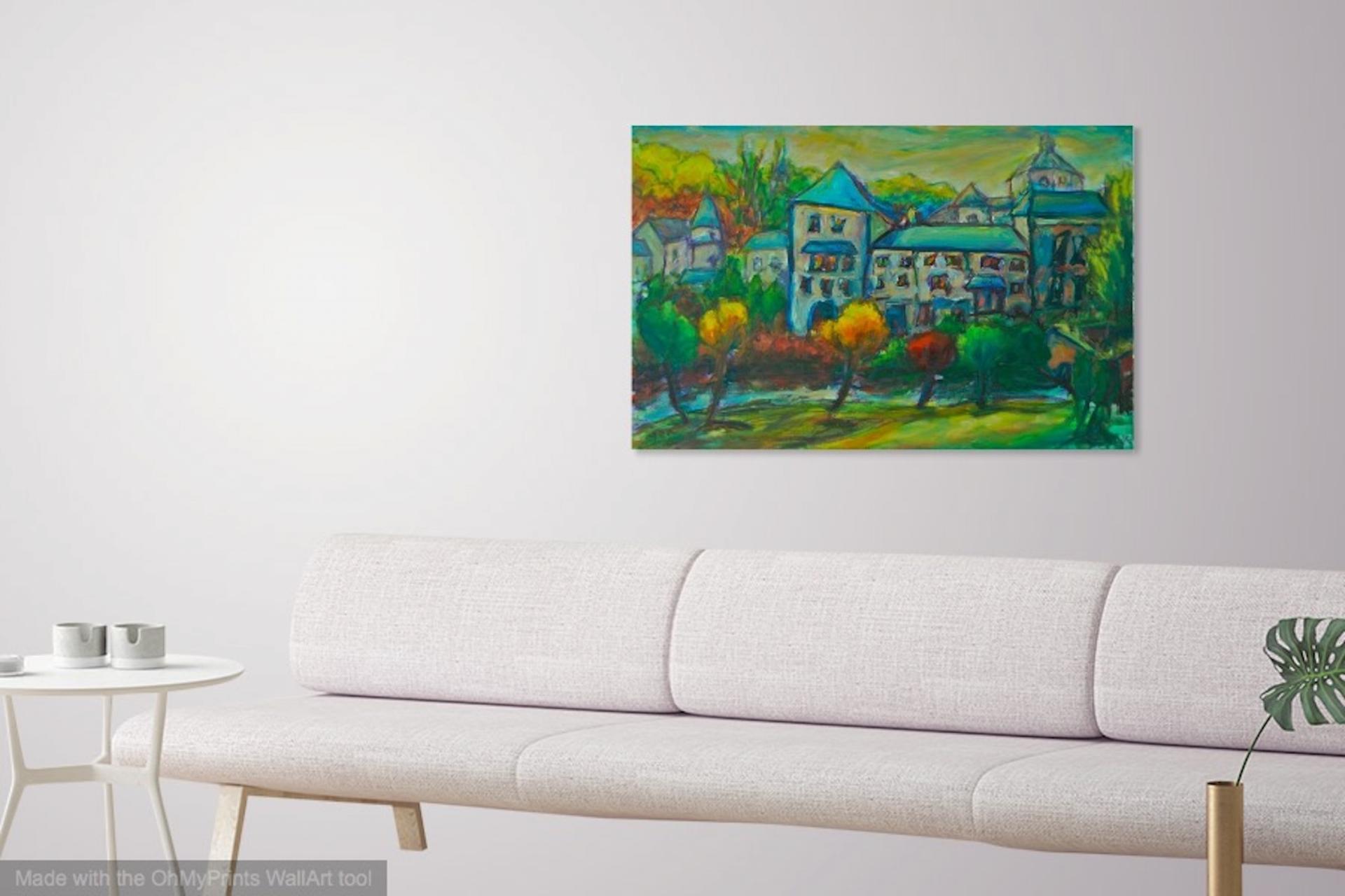 Sanctuary -Original Impressionist Green Camino de Santiago Landscape Oil Painting of spanish monastery building in whimsical chagall style