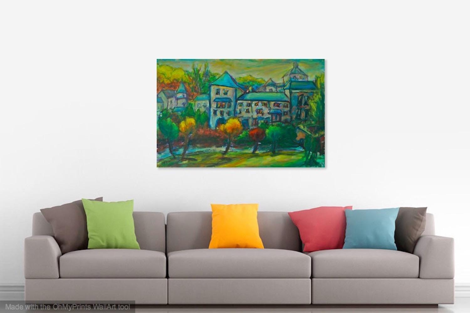 Sanctuary -Original Impressionist Green Camino de Santiago Landscape Oil Painting of spanish monastery building in whimsical chagall style