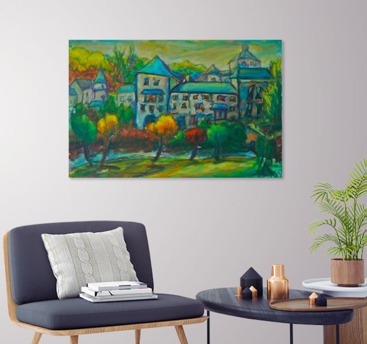 Sanctuary -Original Impressionist Green Camino de Santiago Landscape Oil Painting of spanish monastery building in whimsical chagall style