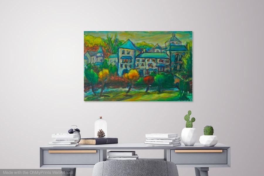 Sanctuary -Original Impressionist Green Camino de Santiago Landscape Oil Painting of spanish monastery building in whimsical chagall style