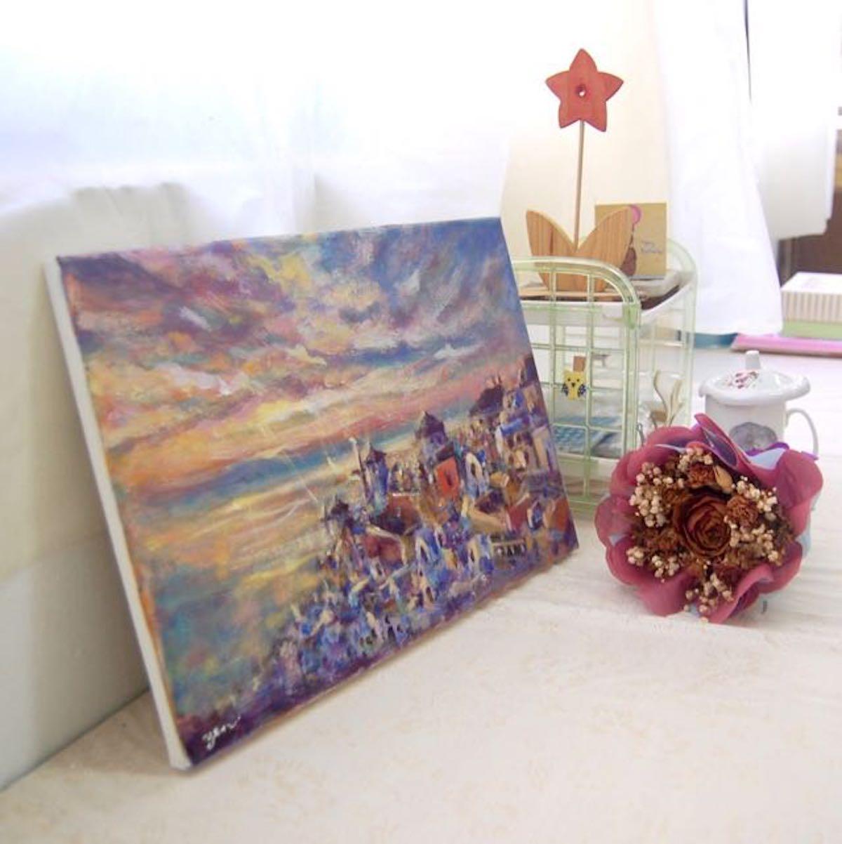 Greece Santorini landscape sea coast original scenery painting, acrylic artwork with greek island whitewashed houses in impressionist sunset