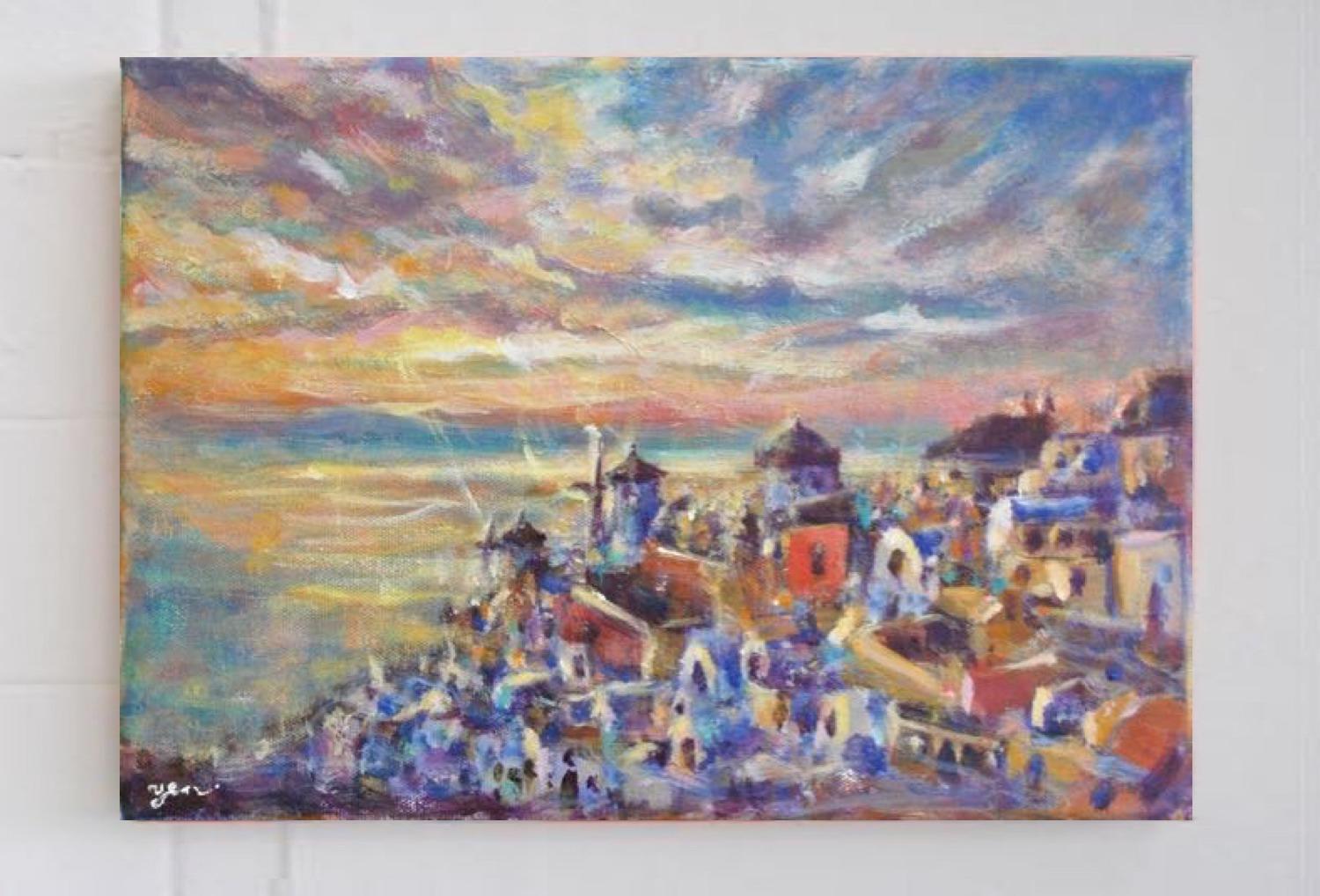 Greece Santorini landscape sea coast original scenery painting, acrylic artwork with greek island whitewashed houses in impressionist sunset