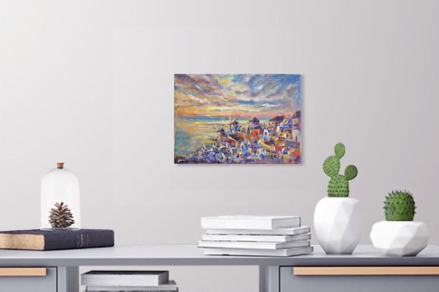 Greece Santorini landscape sea coast original scenery painting, acrylic artwork with greek island whitewashed houses in impressionist sunset