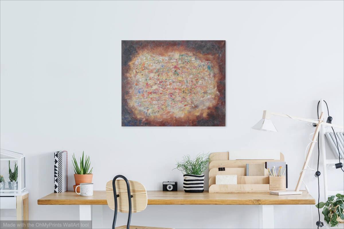 Secret Garden abstract acrylic painting, textural impasto art in ash brown, an original canvas artwork of whimsical colors and musical lines