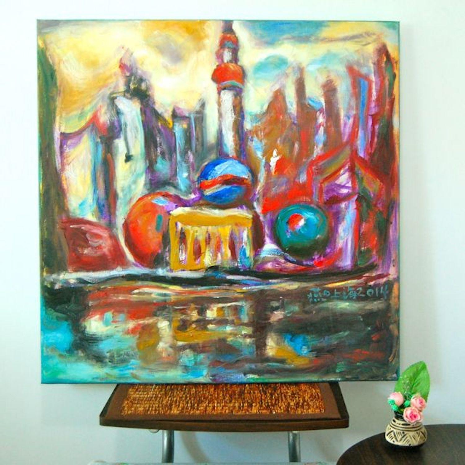 Shanghai Pudong - Art Print, Abstract Impressionist, China City, Colorful Painting, Surreal Landscape, Iconic Buildings, Architectural Art