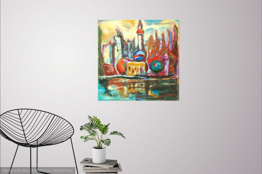 Shanghai Pudong - Art Print, Abstract Impressionist, China City, Colorful Painting, Surreal Landscape, Iconic Buildings, Architectural Art