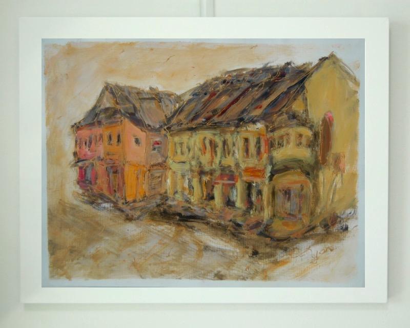 Chinese Shophouses impressionist landscape painting, malaysia kluang town architecture plein air original acrylic artwork in bright yellow