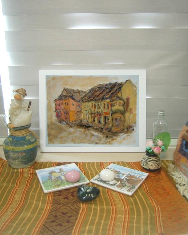 Chinese Shophouses impressionist landscape painting, malaysia kluang town architecture plein air original acrylic artwork in bright yellow