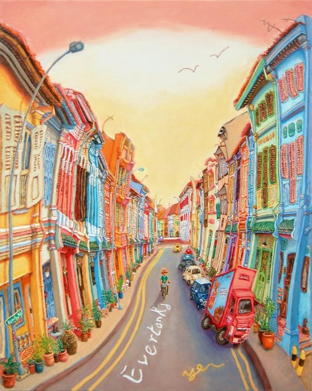 Original Singapore Shophouse Oil Painting, Everton Road Peranakan Art, Hand Painted Heritage Street Scene Canvas, Vibrant Asian Wall Art