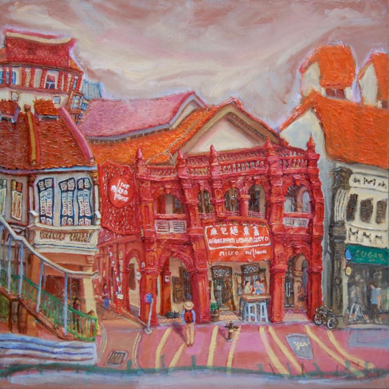 Katong Red House Bakery Vibrant Original Oil Painting by Singapore Artist: an Iconic Conservation Shophouse at Nostalgic Heritage Street