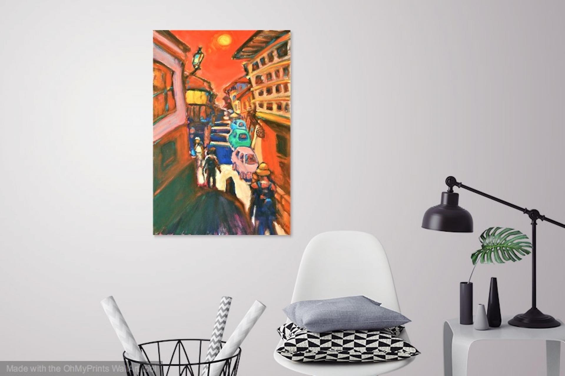 Solitaire -Red Spanish Town El Camino Original Canvas Painting Art in vibrant colorful van gogh style of hikers at whimsical moonlight town