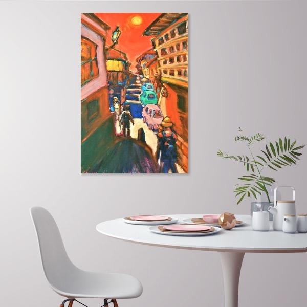 Solitaire -Red Spanish Town El Camino Original Canvas Painting Art in vibrant colorful van gogh style of hikers at whimsical moonlight town