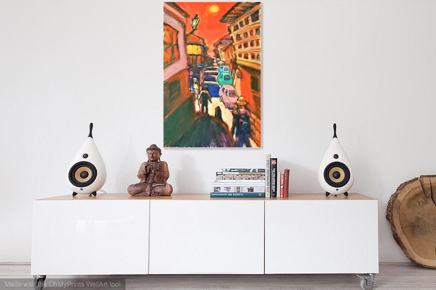 Solitaire -Red Spanish Town El Camino Original Canvas Painting Art in vibrant colorful van gogh style of hikers at whimsical moonlight town