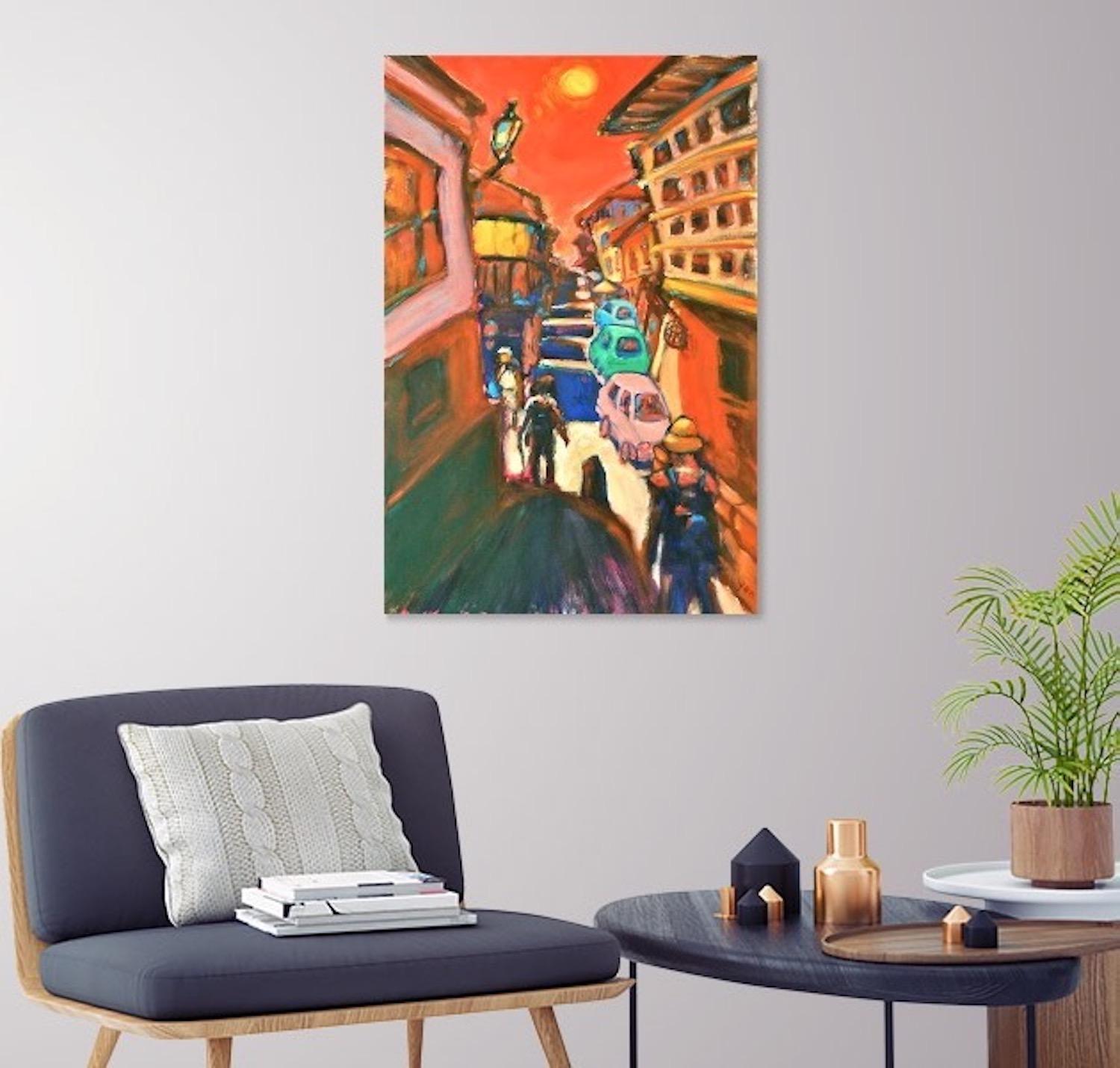 Solitaire -Red Spanish Town El Camino Original Canvas Painting Art in vibrant colorful van gogh style of hikers at whimsical moonlight town