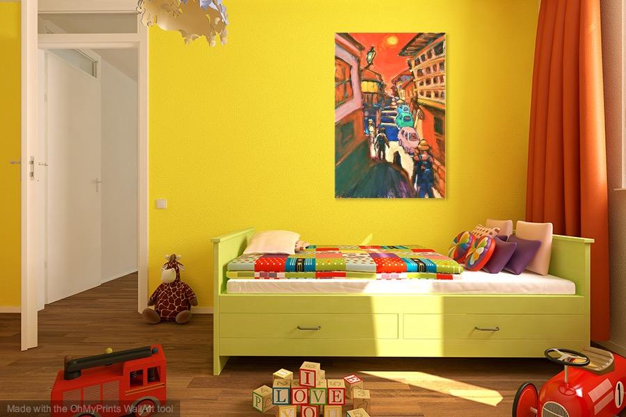 Solitaire -Red Spanish Town El Camino Original Canvas Painting Art in vibrant colorful van gogh style of hikers at whimsical moonlight town