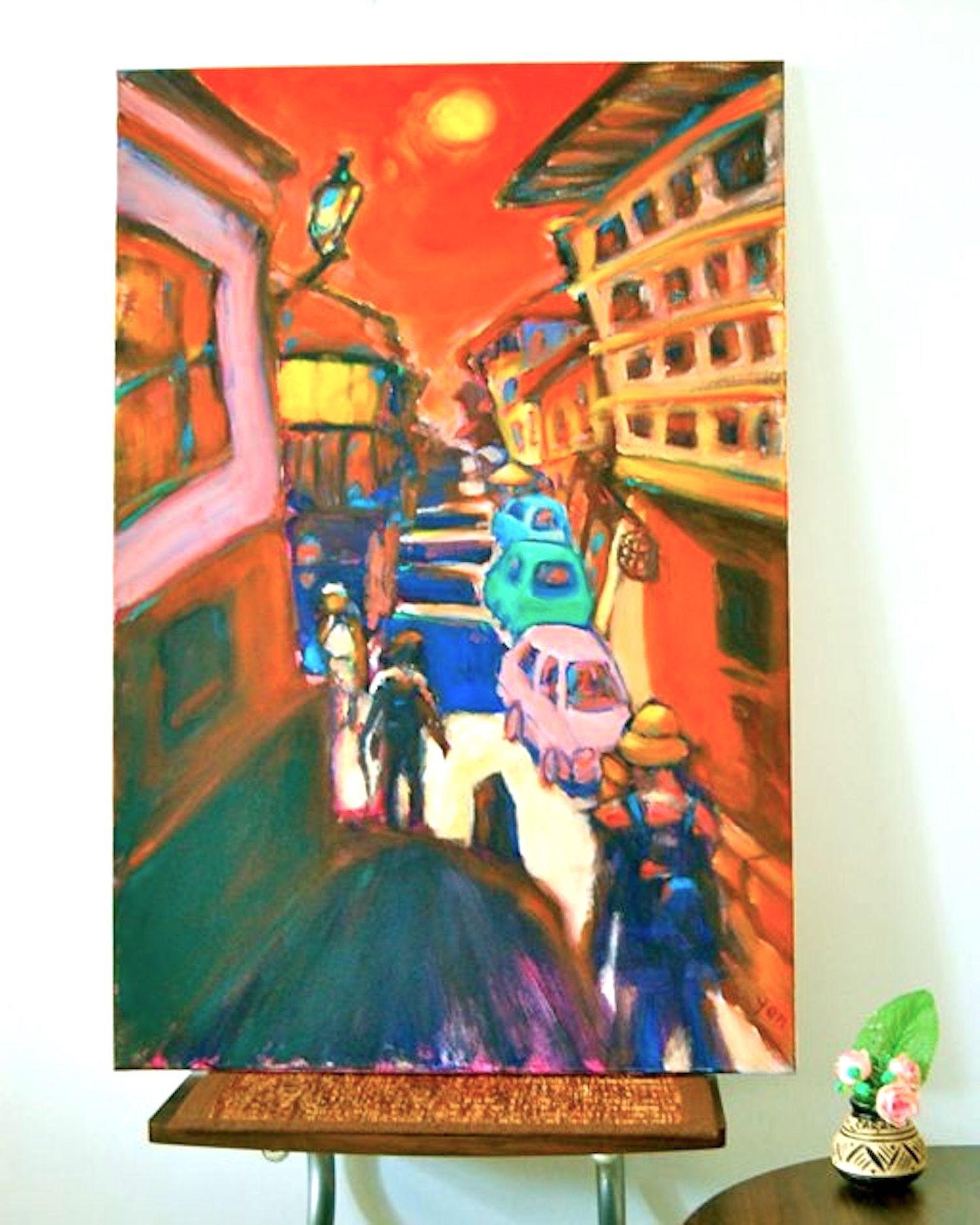 Solitaire -Red Spanish Town El Camino Original Canvas Painting Art in vibrant colorful van gogh style of hikers at whimsical moonlight town