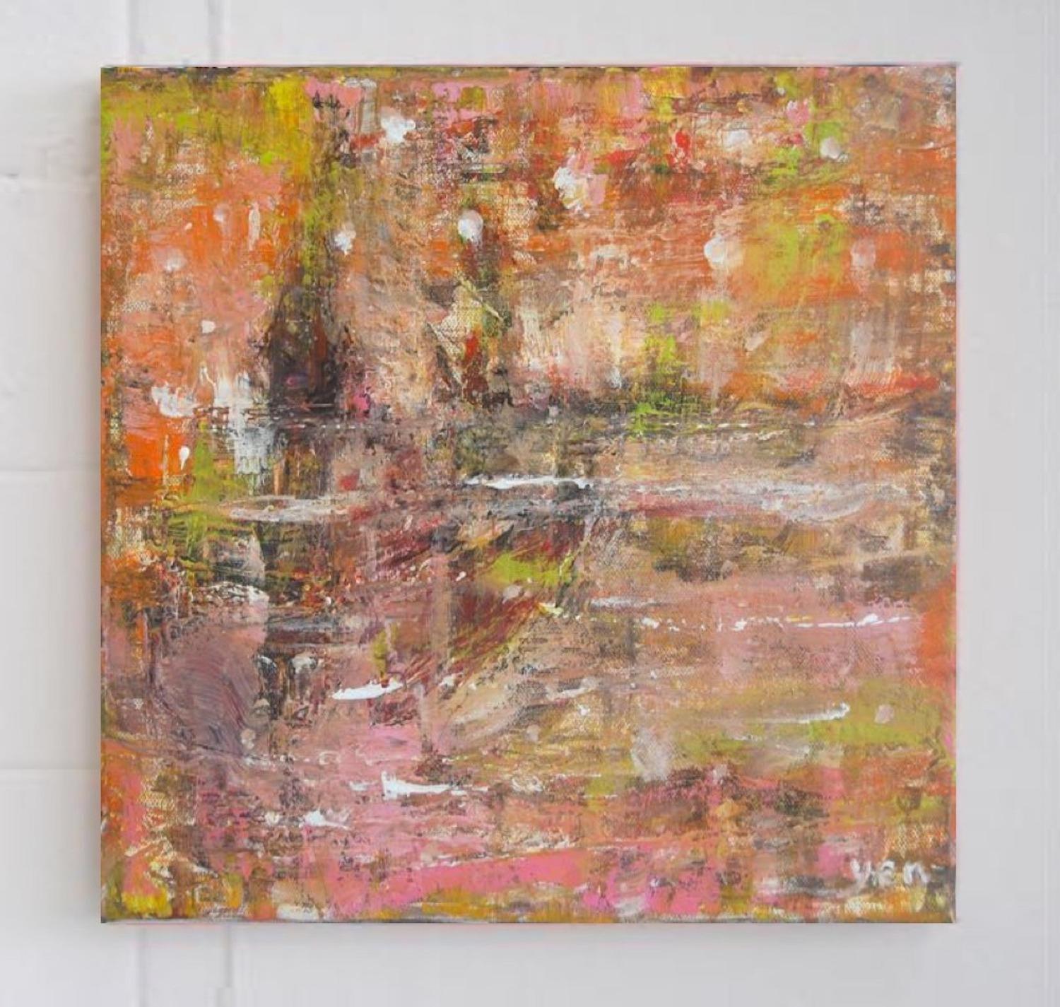 Starry -Abstract Impressionist Landscape Scenery Original Painting Fine Art, Night City, Acrylic, Monet Style, Pastel, Orange, Pink, Impasto