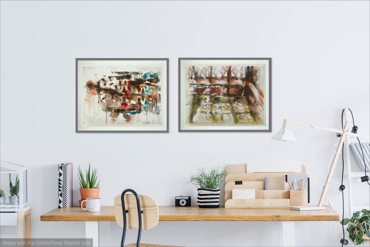 Suzhou Houses - abstract chinese landscape watercolor painting art of white houses architecture with canal water reflections from china travel