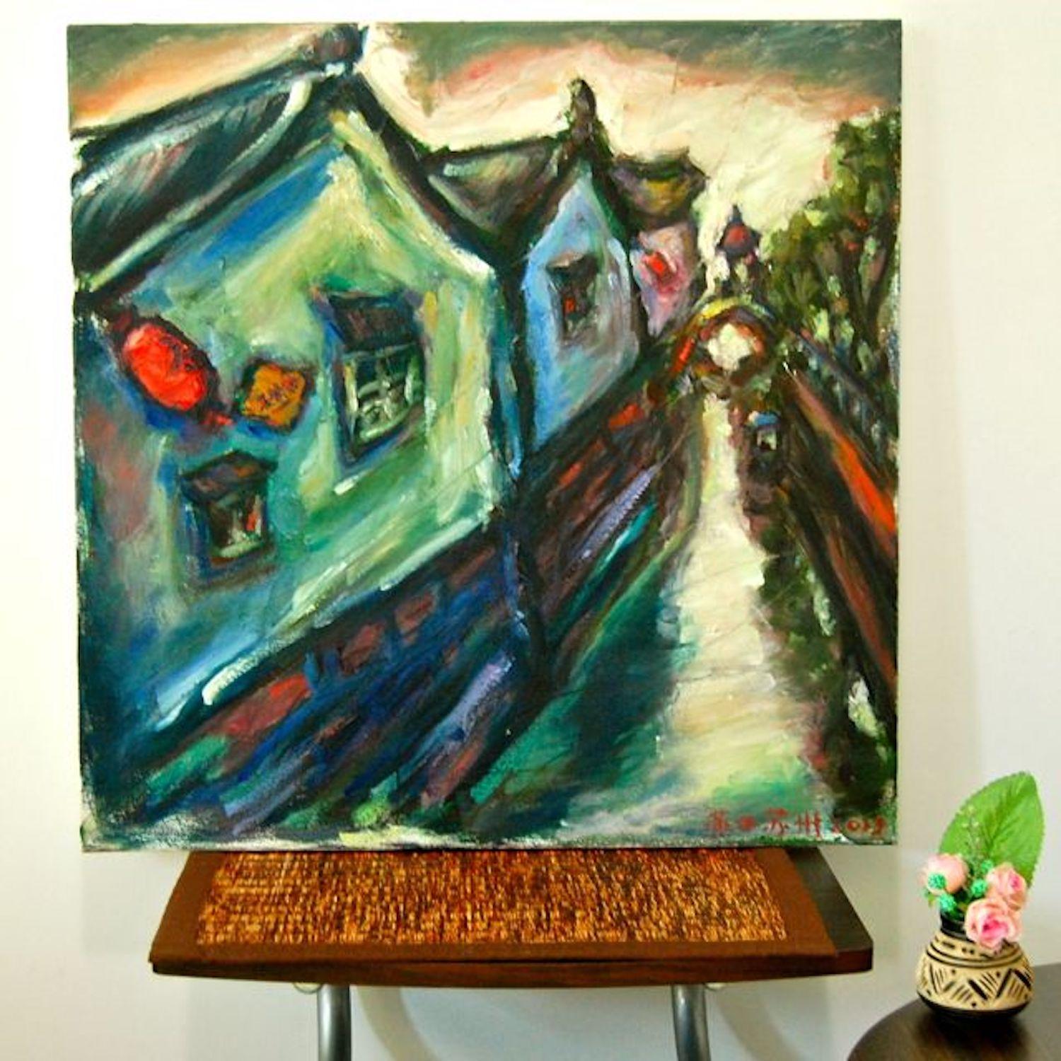 Suzhou Houses -China Painting, River Landscape, Folk Art, Original Oil Painting, Expressionist, Chinese Architecture, Red Lantern, Asian Art