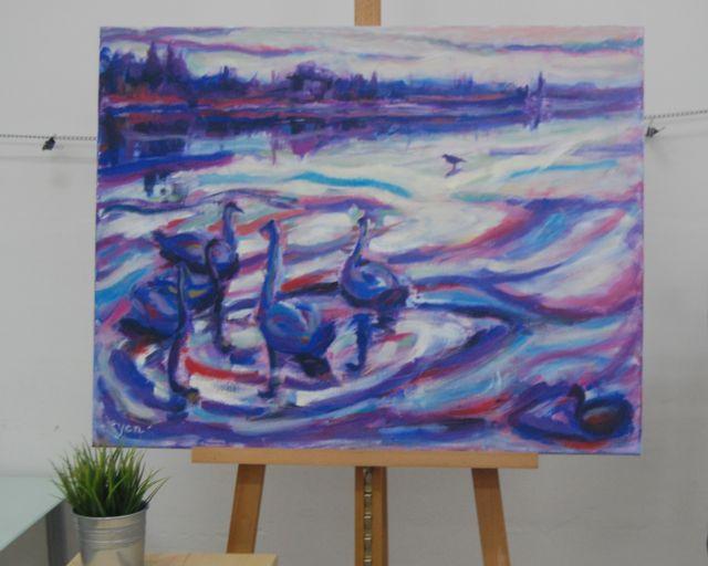 Swan Lake-Iceland Winter Landscape Oil Painting, Van Gogh style in whites, blue, purple, red hues, abstract scenery art