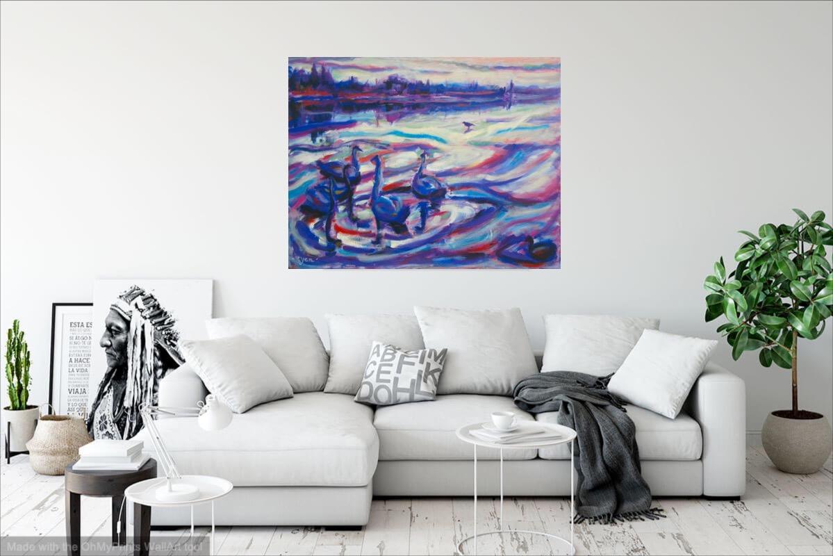 Swan Lake-Iceland Winter Landscape Oil Painting, Van Gogh style in whites, blue, purple, red hues, abstract scenery art