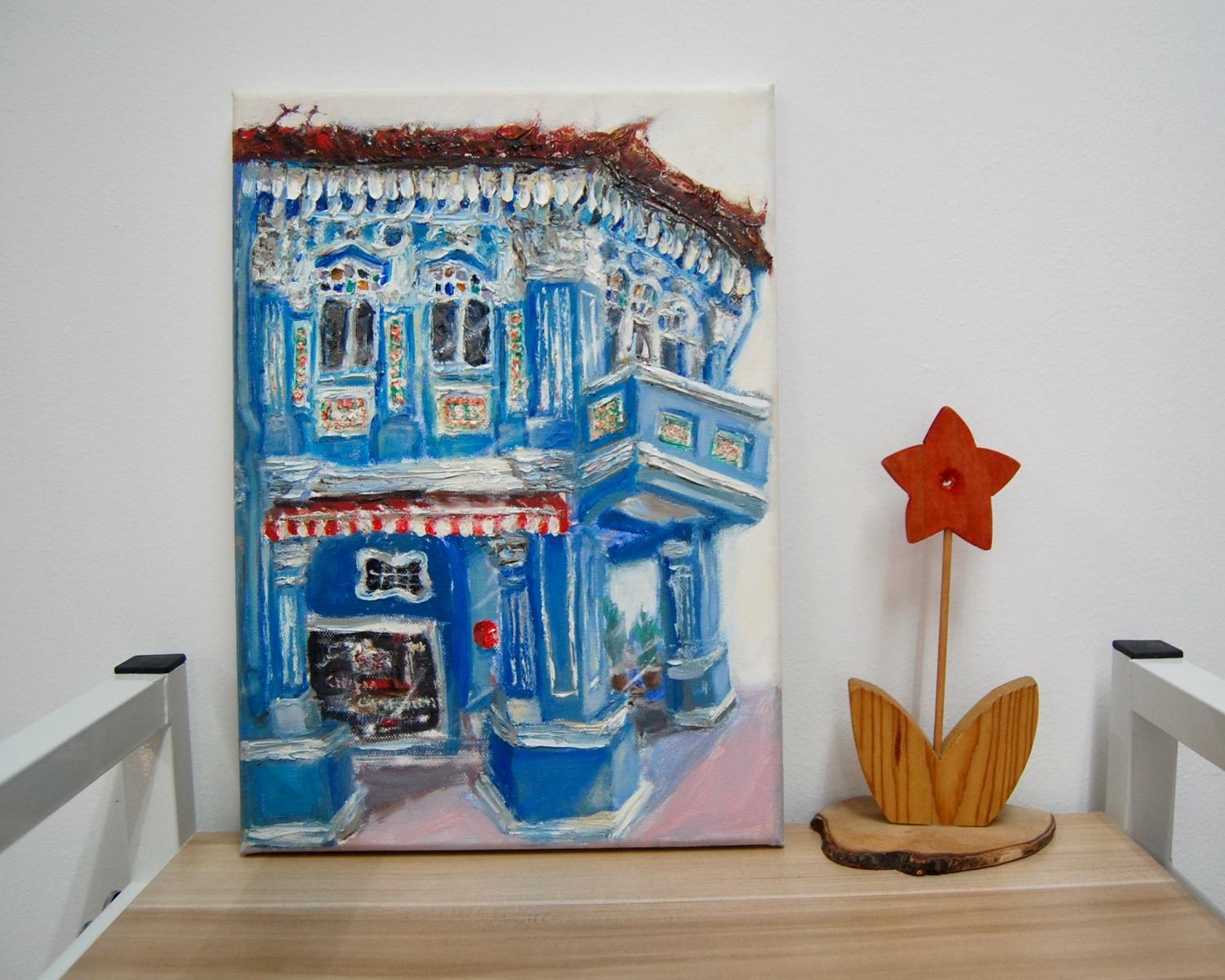 8 - Blue impasto chinese shophouse oil painting at Singapore city heritage street of peranakan architecture in impressionist colors -SH8