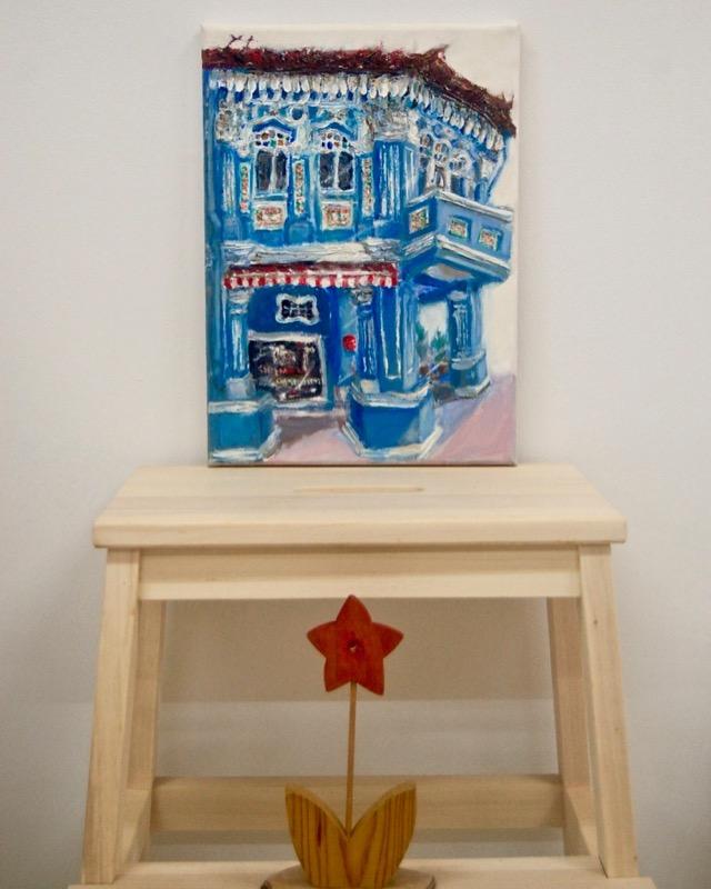 8 - Blue impasto chinese shophouse oil painting at Singapore city heritage street of peranakan architecture in impressionist colors -SH8