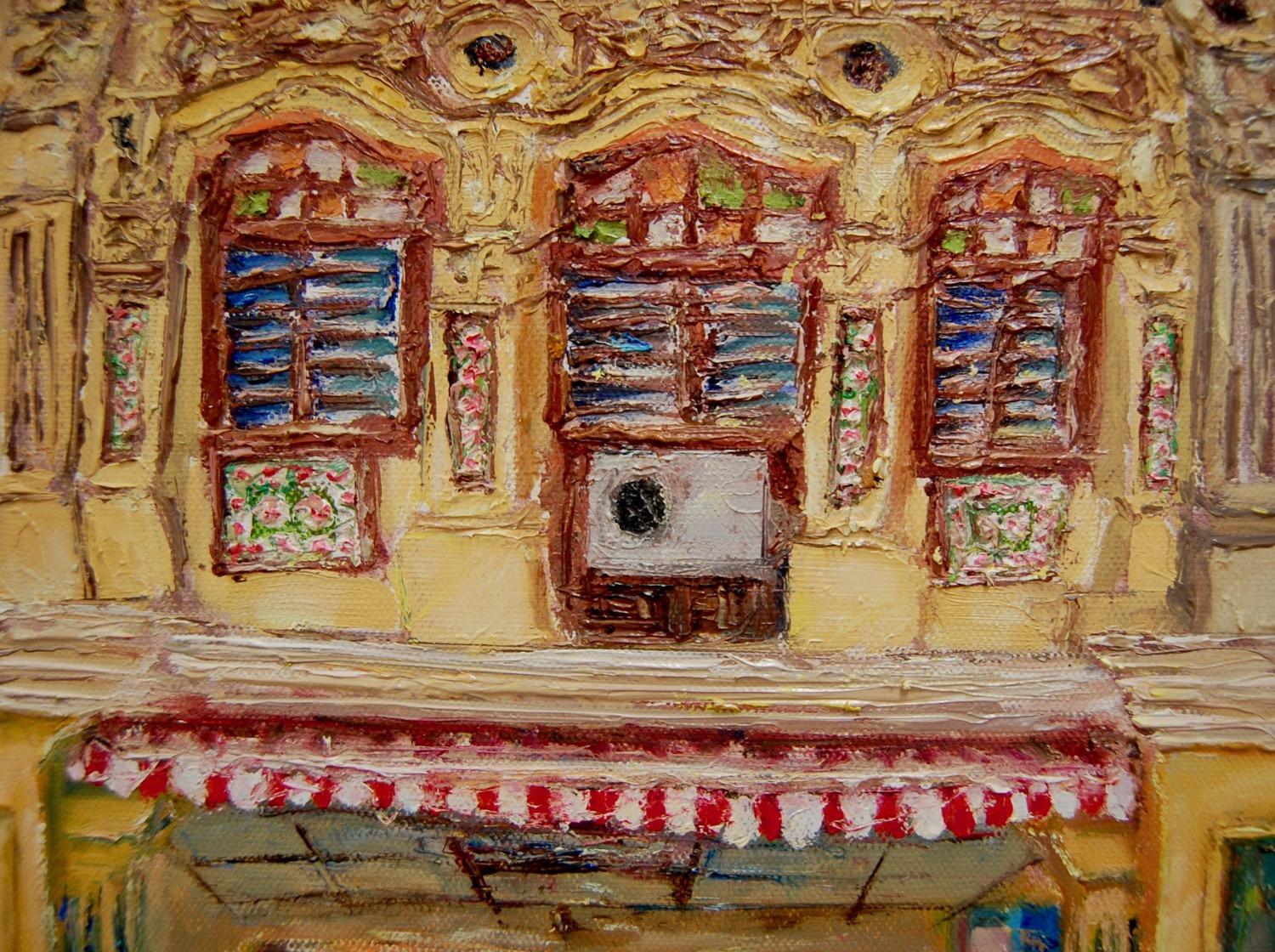 7 - Yellow impasto chinese shophouse oil painting at Singapore city heritage street of peranakan architecture in impressionist colors -SH7