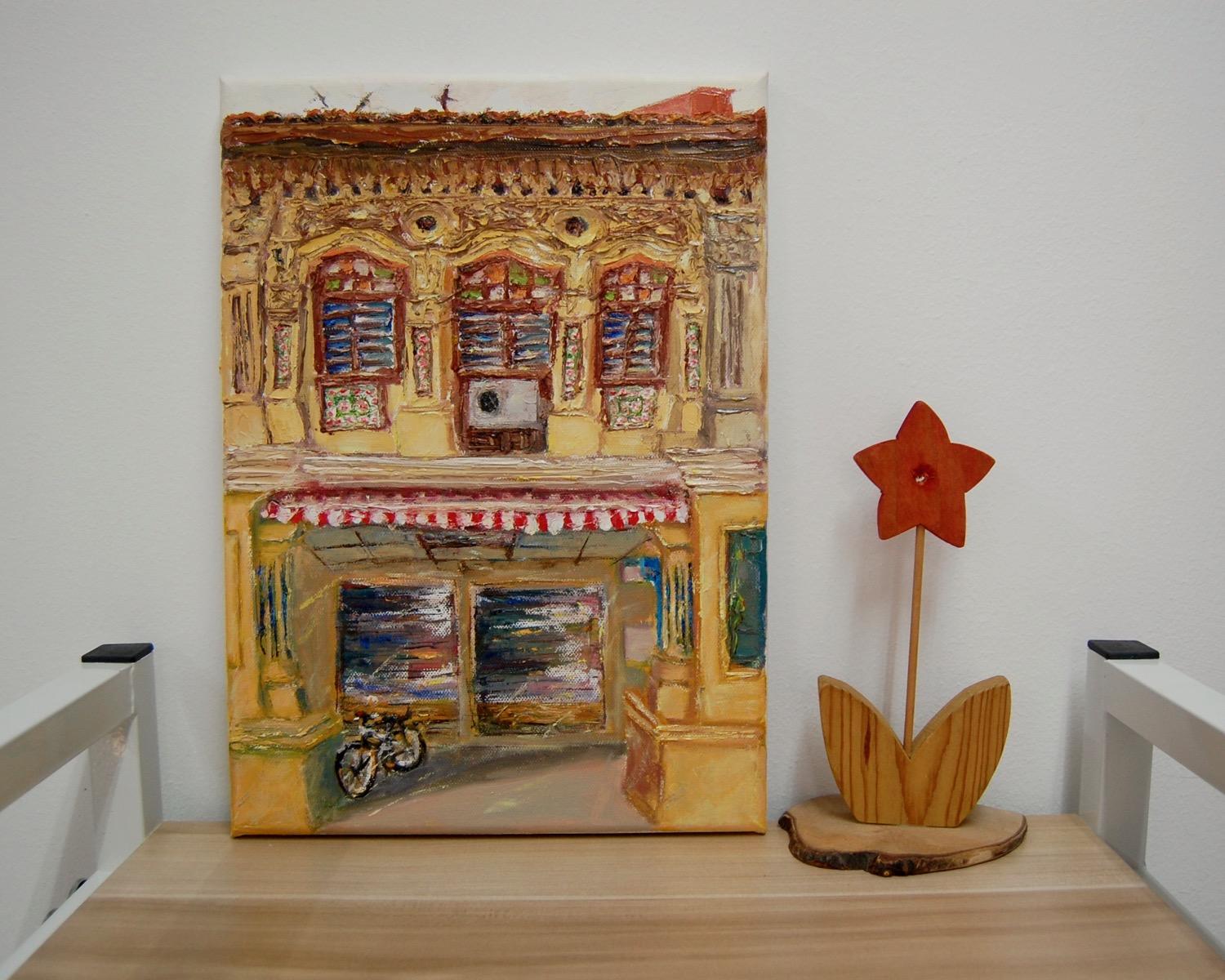 7 - Yellow impasto chinese shophouse oil painting at Singapore city heritage street of peranakan architecture in impressionist colors -SH7