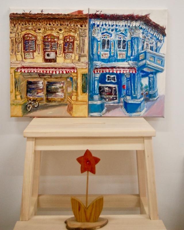 8 - Blue impasto chinese shophouse oil painting at Singapore city heritage street of peranakan architecture in impressionist colors -SH8