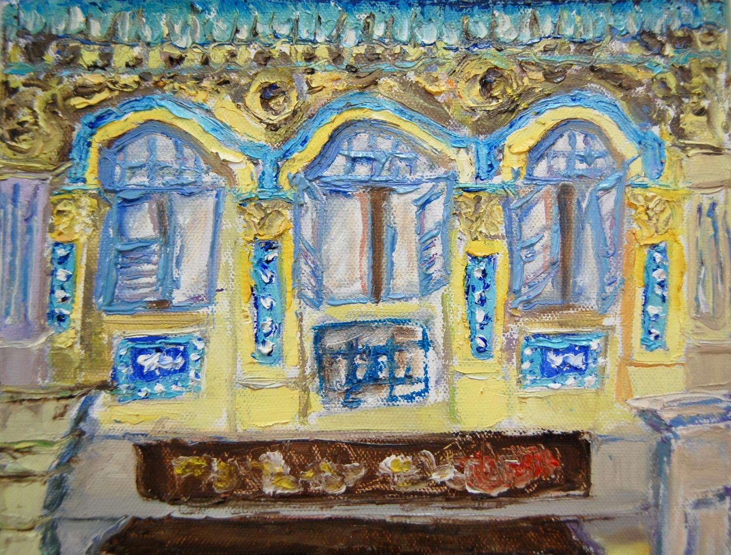 5 - Yellow black impasto chinese shophouse oil painting at Singapore city heritage street of peranakan architecture in impressionist colors -SH5