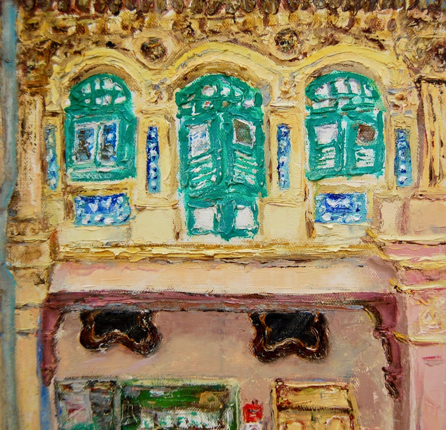 3 - Yellow green impasto chinese shophouse oil painting at Singapore city heritage street of peranakan architecture in impressionist colors -SH3