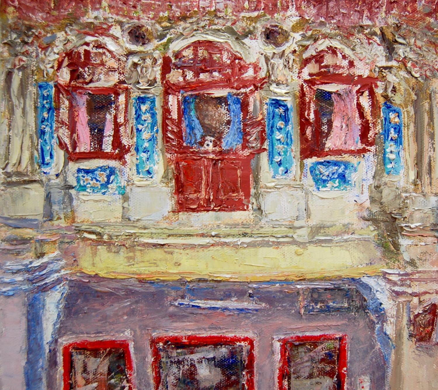 2 - Yellow pink impasto chinese shophouse oil painting at Singapore city heritage street of peranakan architecture in impressionist colors -SH2