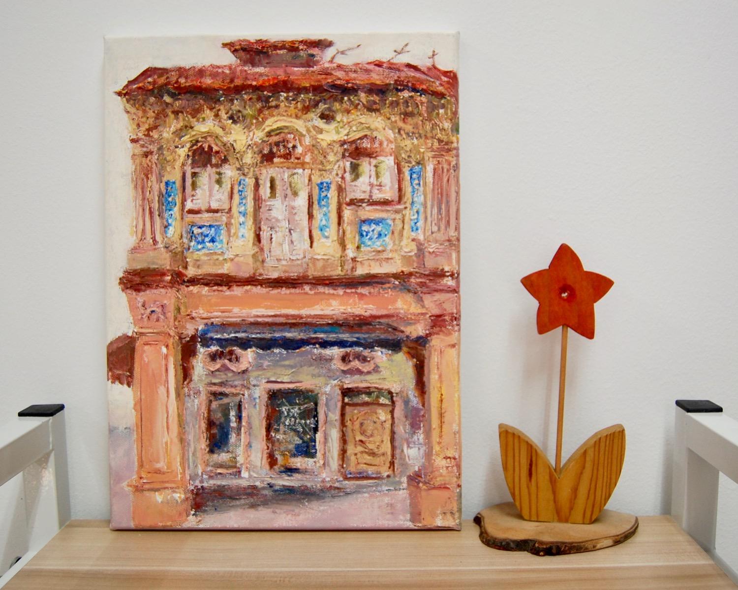 1 - Brick color impasto chinese shophouse oil painting at Singapore city heritage street of peranakan architecture in impressionist colors - SH1