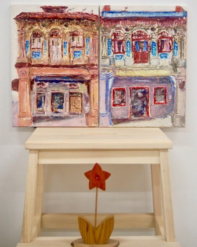 2 - Yellow pink impasto chinese shophouse oil painting at Singapore city heritage street of peranakan architecture in impressionist colors -SH2