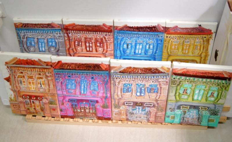 Vibrant Chinese Peranakan Shophouses Oil Paintings - Singapore City Heritage Artwork for Home Decor - 8-Row Art Collection - Singapore Gift -PH