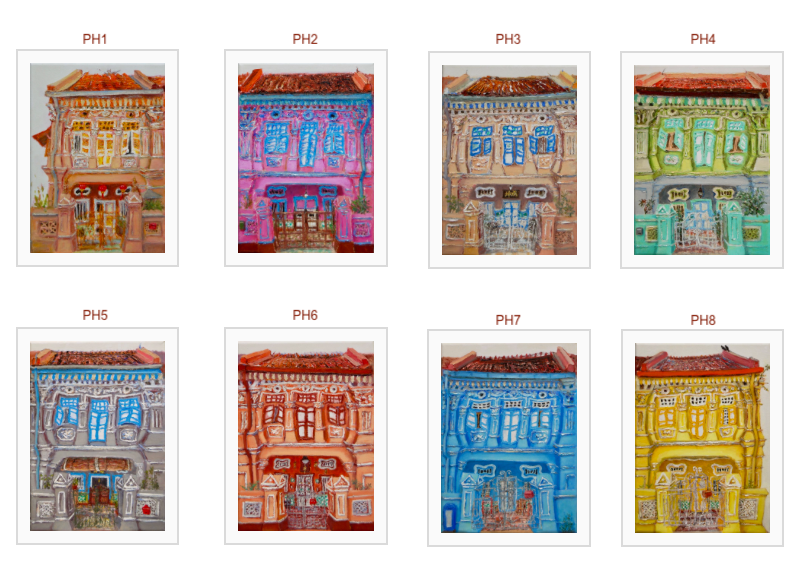 Chinese Shophouses Art Prints - Colourful Impressionist Paintings of Pretty Peranakan Houses - Singapore City Souvenirs