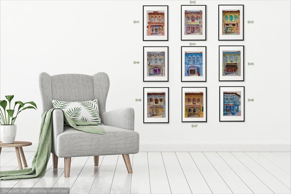 Chinese Shophouses Art Prints A4 - Colourful Impressionist Paintings of Pretty Peranakan Houses - Singapore City Souvenirs