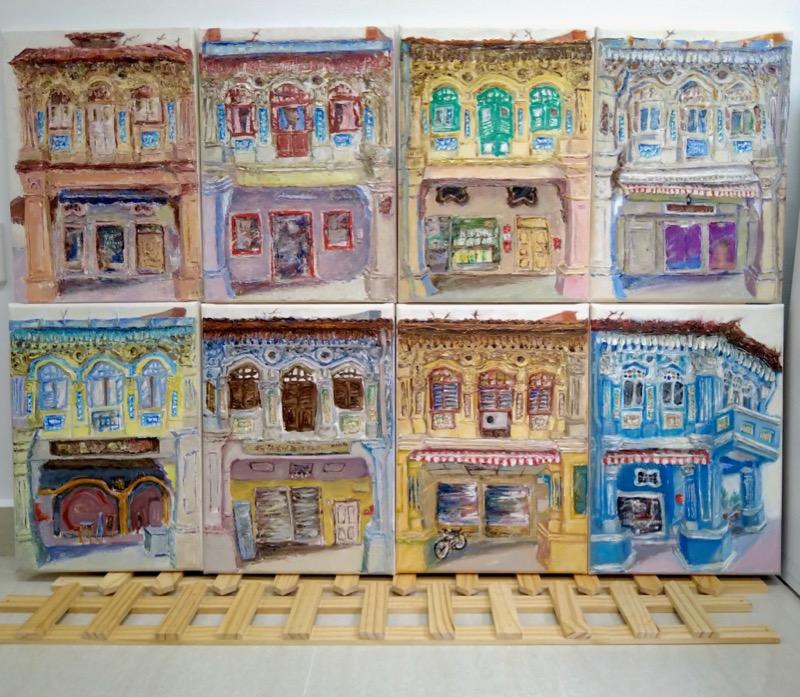 6 - Bluish pink impasto chinese shophouse oil painting at Singapore city heritage street of peranakan architecture in impressionist colors -SH6