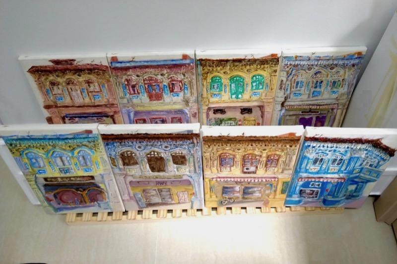 5 - Yellow black impasto chinese shophouse oil painting at Singapore city heritage street of peranakan architecture in impressionist colors -SH5