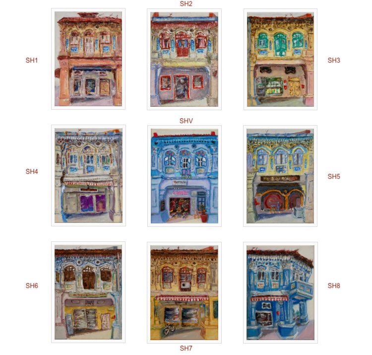 Chinese Shophouses Art Prints A4 - Colourful Impressionist Paintings of Pretty Peranakan Houses - Singapore City Souvenirs