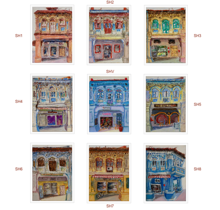 Chinese Shophouses Art Prints - Colourful Impressionist Paintings of Pretty Peranakan Houses - Singapore City Souvenirs