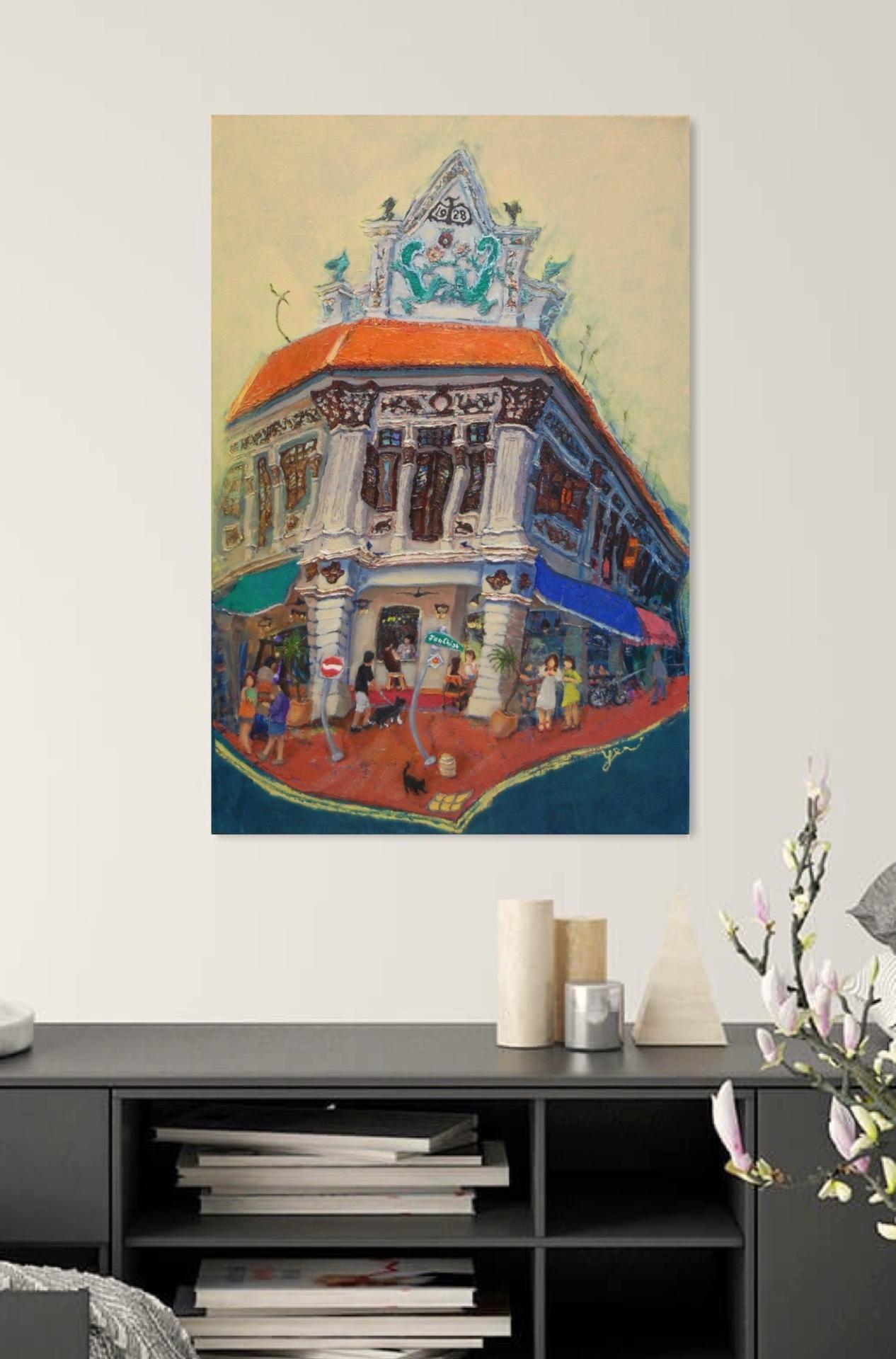 Singapore Corner Shophouse Landscape Oil Painting - City Street Heritage Artwork - Beautiful Cityscape - Original Art Decor